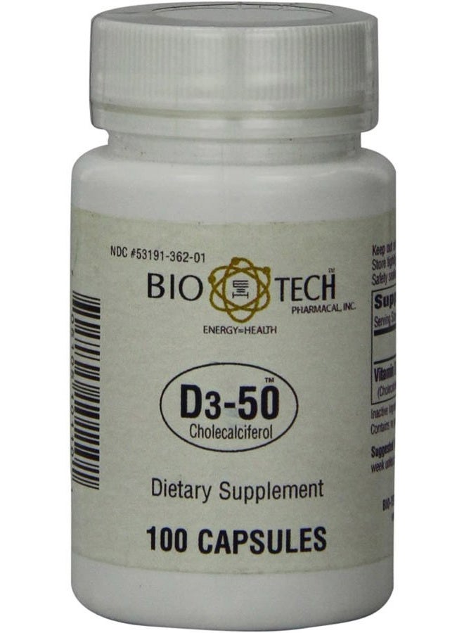 Bio-Tech Pharmacal D3-50 50,000 IU, 100 Capsules Ð All-Natural Supplement Ð Supports Bone, Heart Neuromuscular, & Immune Health Ð No Dairy, Fish, Gluten, Peanut, Shellfish, & Soy - Image 1