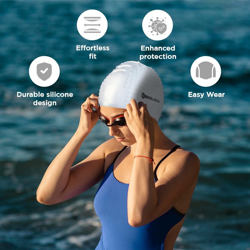 Endless EL1021 Comfortable Silicon Swimming Cap with Bubble Design | Silver | Material : Silicon | Elastic Waterproof Swimming Cap for Long and Short Hair with Thicker Edge | For Adults, Women and Men - Image 2