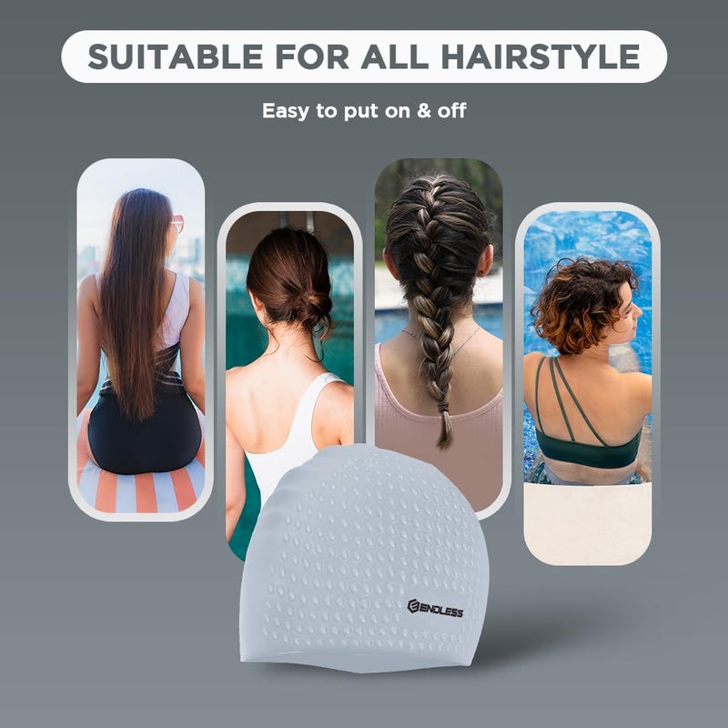 Endless EL1021 Comfortable Silicon Swimming Cap with Bubble Design | Silver | Material : Silicon | Elastic Waterproof Swimming Cap for Long and Short Hair with Thicker Edge | For Adults, Women and Men - Image 3