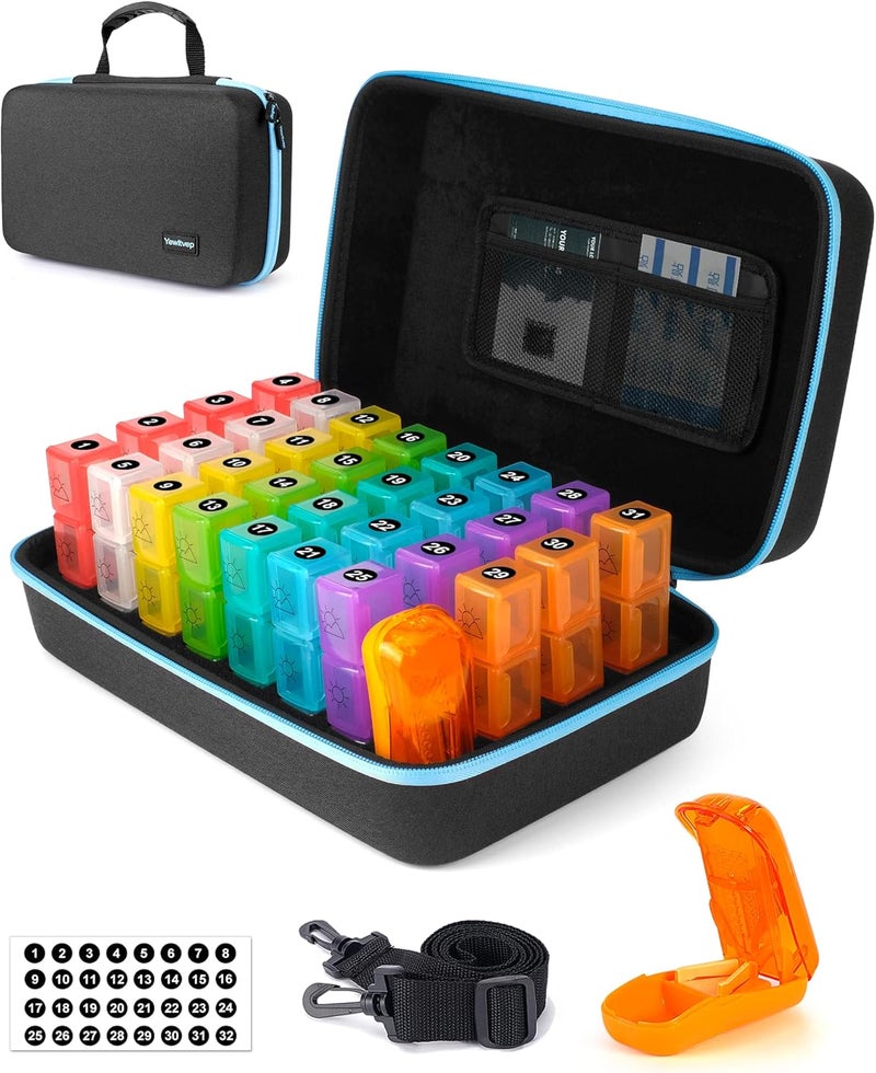 Yewltvep Monthly Pill Organizer 3 Times a Day with Pill Cutter, 30 Days Pill Organizer Monthly, Month Pill Box Organizer with 31 Daily Compartments, Pill Holder with Hard Shell Travel Case