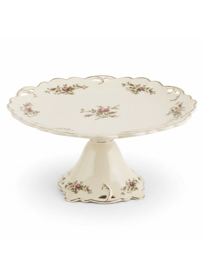 AKDC Angela Premium Round Footed Cream Ceramic Cake Serving Plate 30x15cm with Floral Design— Dessert Stand - Image 1