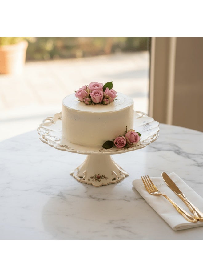 AKDC Angela Premium Round Footed Cream Ceramic Cake Serving Plate 30x15cm with Floral Design— Dessert Stand - Image 2