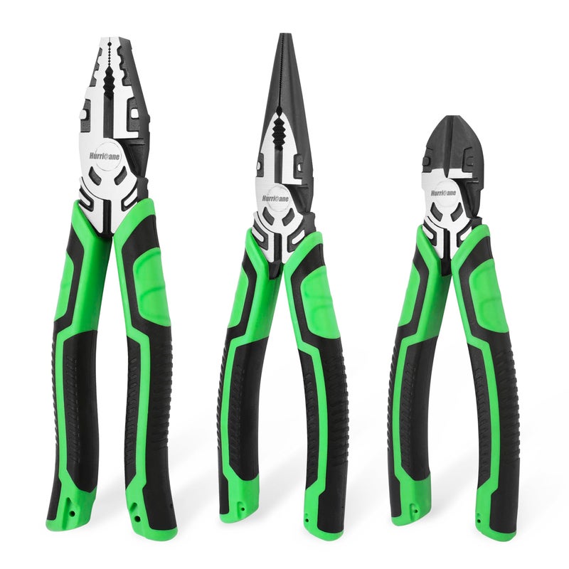 HURRICANE 3Piece Pliers Set HeavyDuty with 8Inch Linesman Needle Nose Pliers and 6Inch Diagonal Cutters for Basic Repair