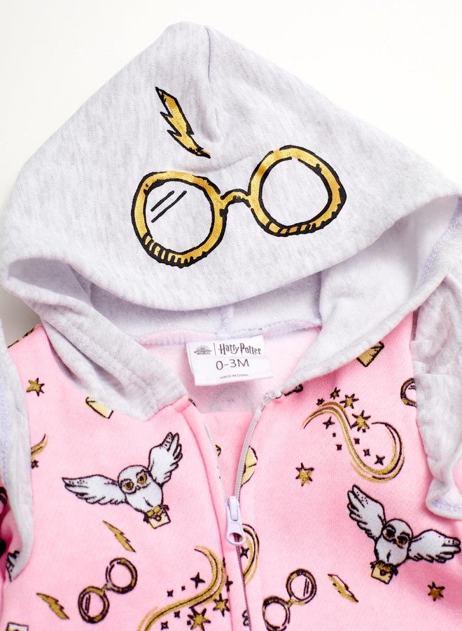 Harry Potter Baby Girls Hooded Bodysuit - Sweatshirt Fleece Zip Up One Piece Baby Clothes (Pink/Grey, 3-6M) - Image 2