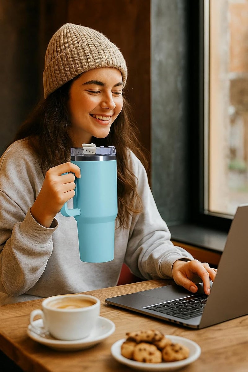 WOW99 1200ml Stainless Steel Tumbler with Handle & Steel Straw | Double Wall Vacuum Insulated Mug | Spill Proof Lid | Beer & Cold Drink Travel Cup (Multicolor) (Sky Blue) - Image 3