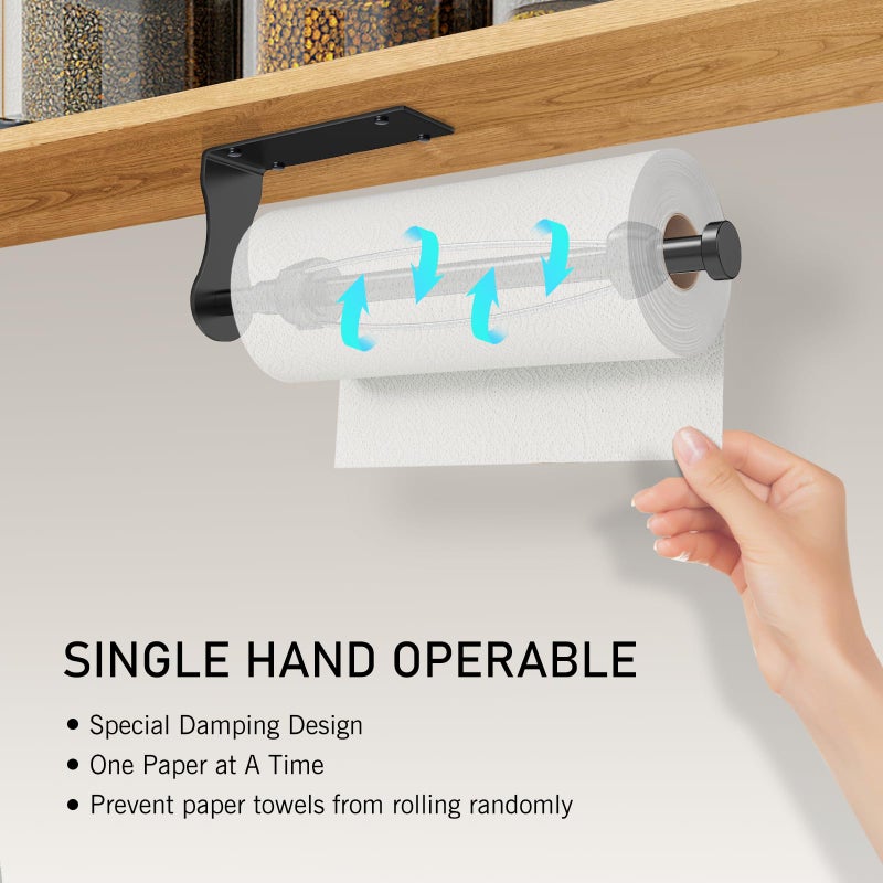 SetSail Paper Towel Holder, Single Hand Operable Paper Towel Holder Under Cabinet with Adjustable Damper, Easy Tear, Wall Mount, Self-Adhesive or Drilled for Kitchen Bathroom, Black - Image 3