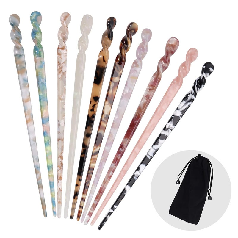 10 Pieces Acetate Hair Sticks Women Styling Hair Vintage Leopard Print Tortoise Shell Hairpin Girls Chopsticks Hairpins Disk Hair Sticks for Long Hair Hair Accessories with Flannelette Bag