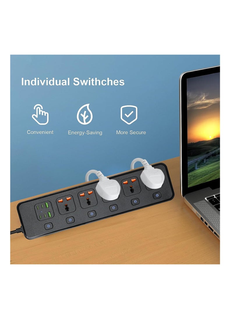 Anmi 3m Extension Lead 5 AC Way with 2 USB,4 Type-C Slots(5V 4.2A), 13Amp UK Plug Power(3250W/13A),Power Strip for Home Office (Black) - Image 2