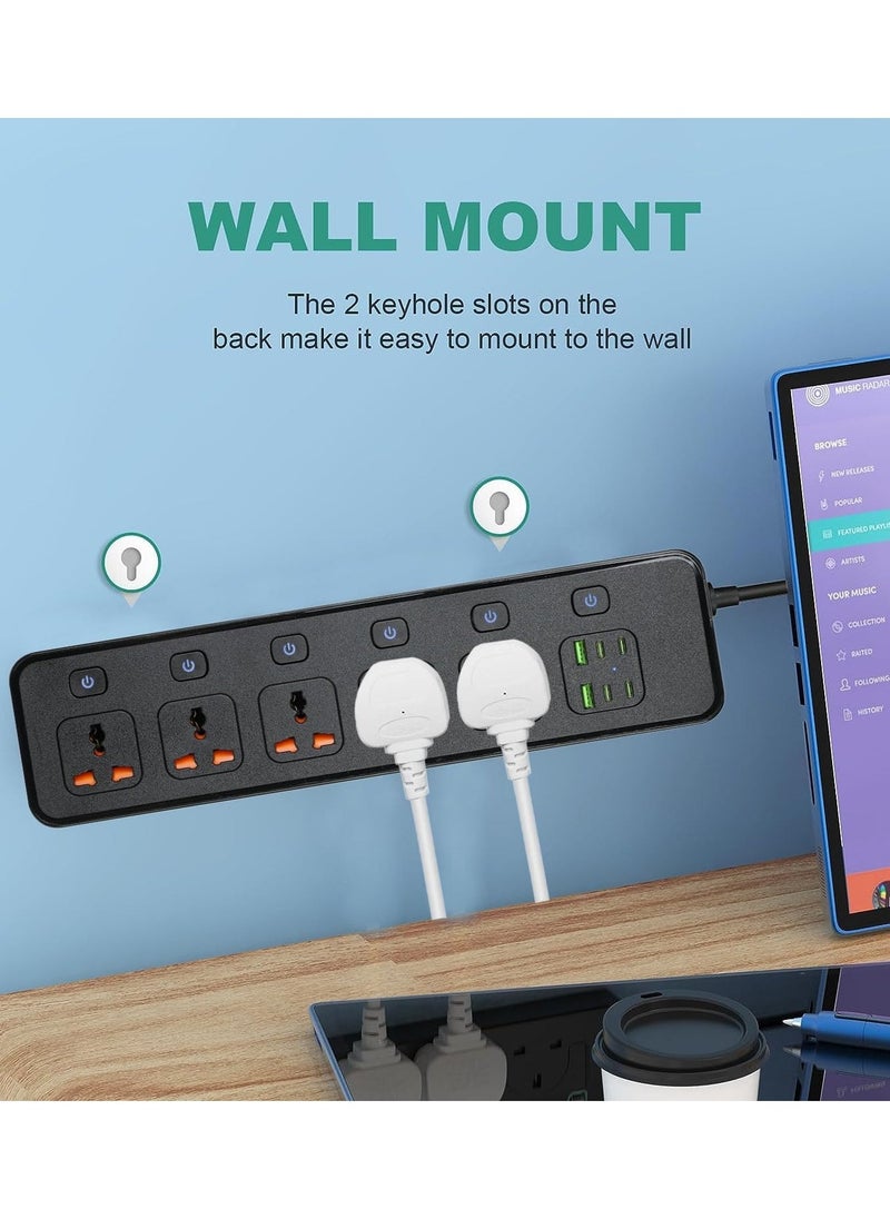Anmi 3m Extension Lead 5 AC Way with 2 USB,4 Type-C Slots(5V 4.2A), 13Amp UK Plug Power(3250W/13A),Power Strip for Home Office (Black) - Image 5