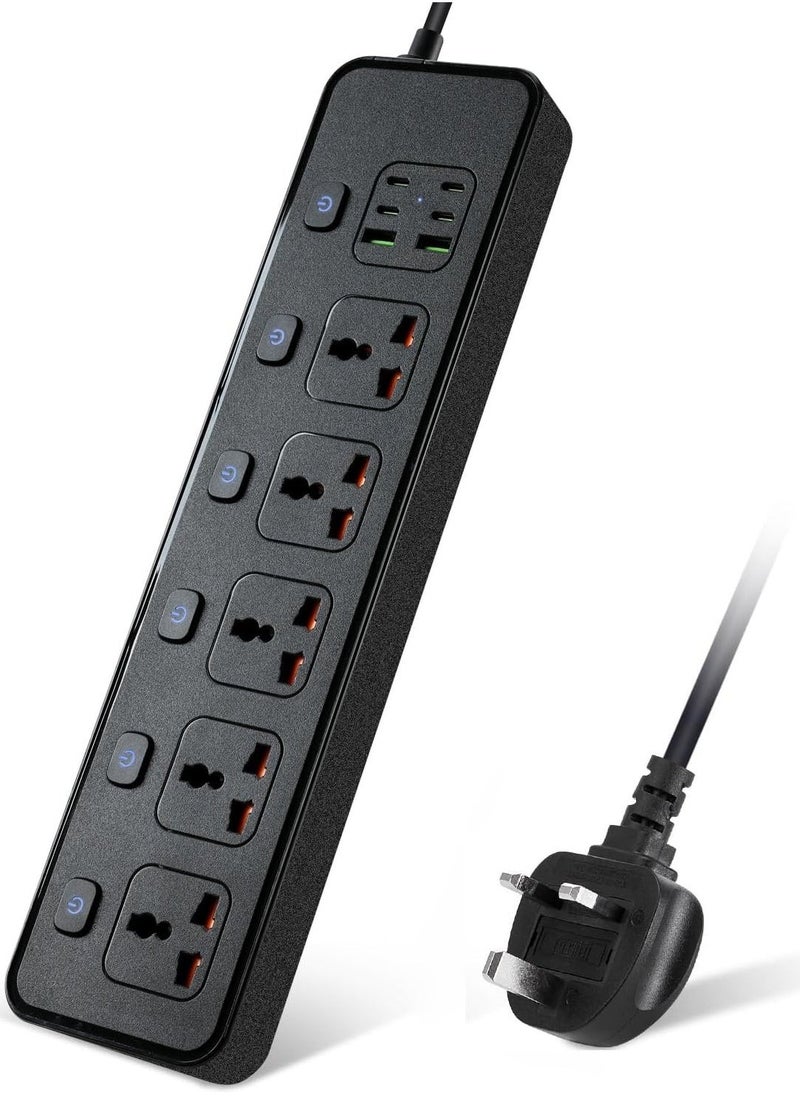 Anmi 3m Extension Lead 5 AC Way with 2 USB,4 Type-C Slots(5V 4.2A), 13Amp UK Plug Power(3250W/13A),Power Strip for Home Office (Black) - Image 1