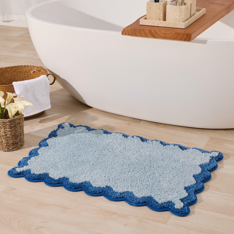 ORTIGIA Cute Blue Scalloped Bath Mat, Fun Plush Microfiber Scallop Bathroom Rugs Non Slip Washable Quick Dry Absorbent, Bathmat Bath Rug Carpet for Shower Stall Vanities Kitchen Floor Entrance, 20x32 - Image 1