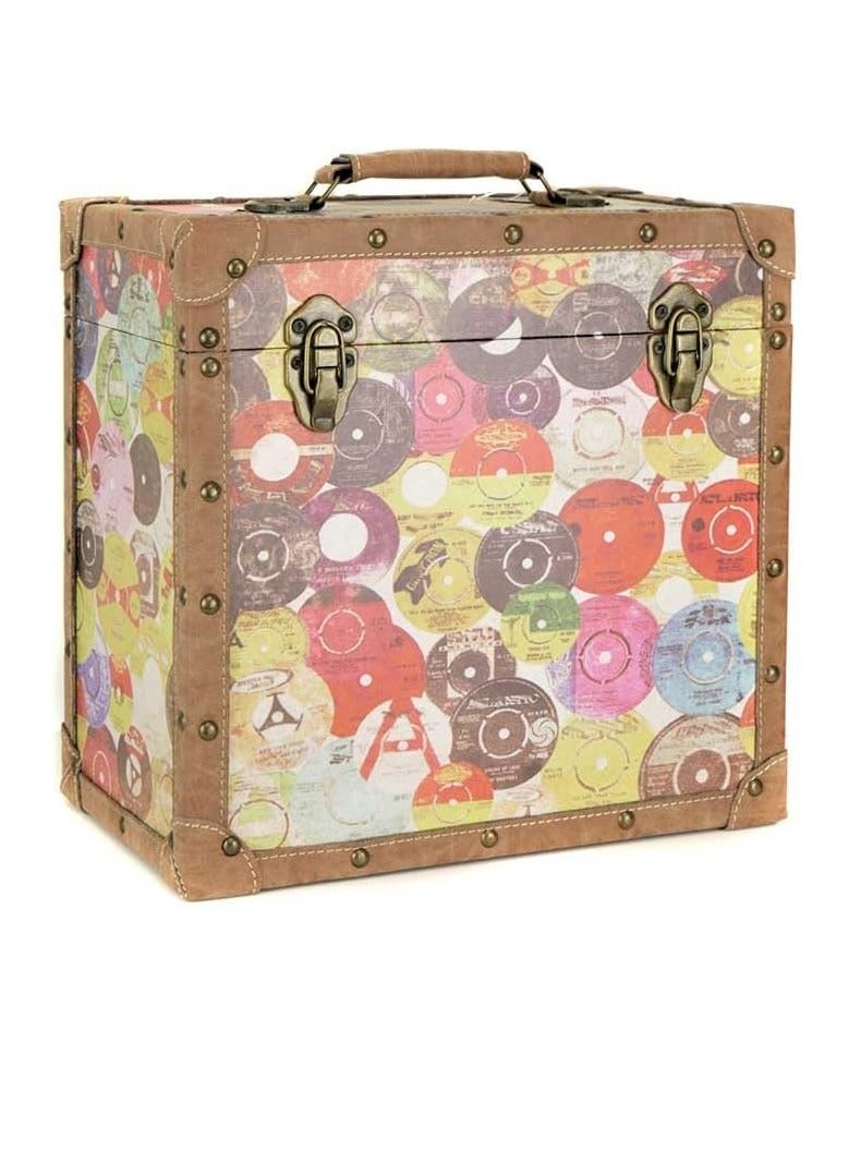 Vinyl LP Record Storage Carry Case Retro Fabric Material Holds Up To 50 Records Chrome Effect Trim On Corners And Edges Hinged Lid with 2 Clasps Ideal For Transporting Records Home Decor
