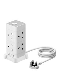 Exotic Exotic Tower Extension, 8 Way Multi Plug Extension Sockets 13A with 1.5M Wire, 2USB-A & 2USB-C Charging Slots - Fire Retardant Office Supplies Protected Extension Cord - White  - Image 1