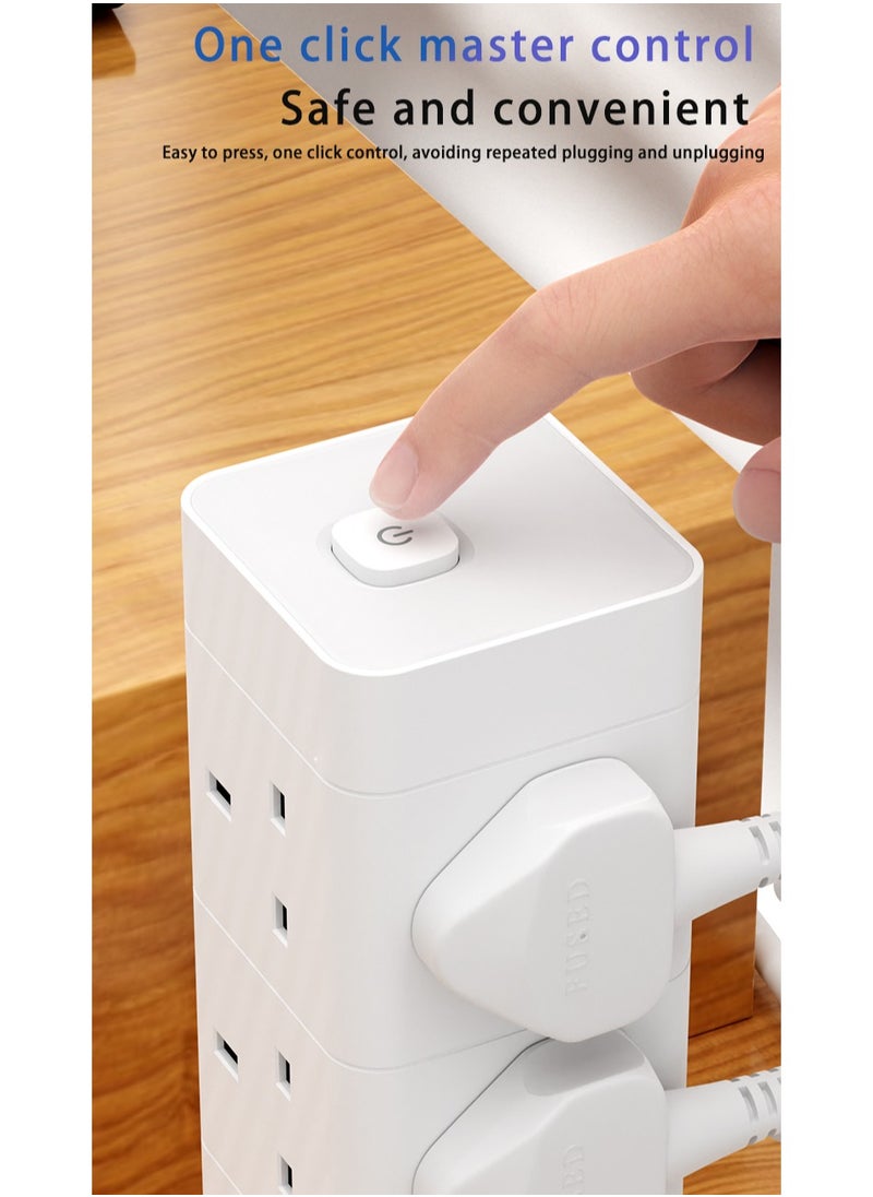 Exotic Exotic Tower Extension, 8 Way Multi Plug Extension Sockets 13A with 1.5M Wire, 2USB-A & 2USB-C Charging Slots - Fire Retardant Office Supplies Protected Extension Cord - White  - Image 2