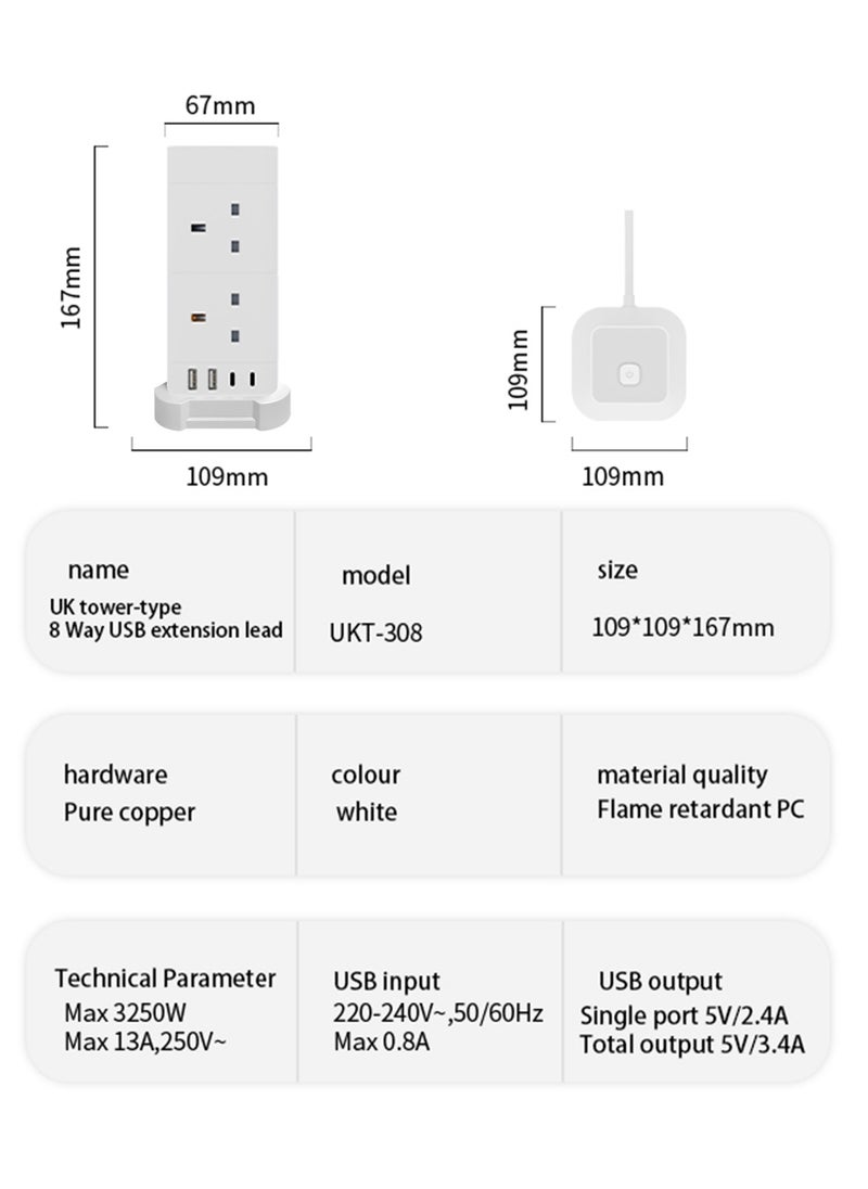 Exotic Tower Extension, 8 Way Multi Plug Extension Sockets 13A with 1.5M Wire, 2USB-A & 2USB-C Charging Slots - Fire Retardant Office Supplies Protected Extension Cord - White - pzsku/Z2903342DF5C990DDE418Z/45/_/1719064283/69e3c155-6024-4361-bd40-2d7f1360004c