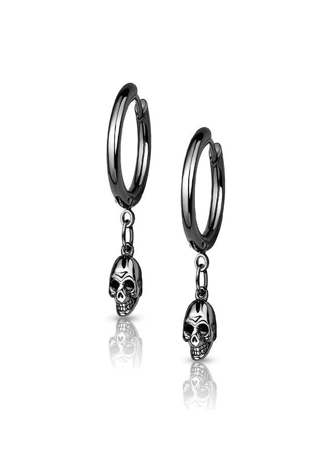 Pierced Owl 20GA Skeleton Skull Dangle 316L Surgical Stainless Steel Hoop Earrings, Sold as a Pair (Black) - Image 1