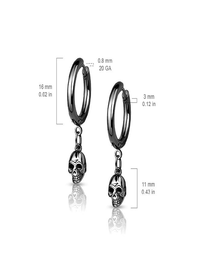 Pierced Owl 20GA Skeleton Skull Dangle 316L Surgical Stainless Steel Hoop Earrings, Sold as a Pair (Black) - Image 2
