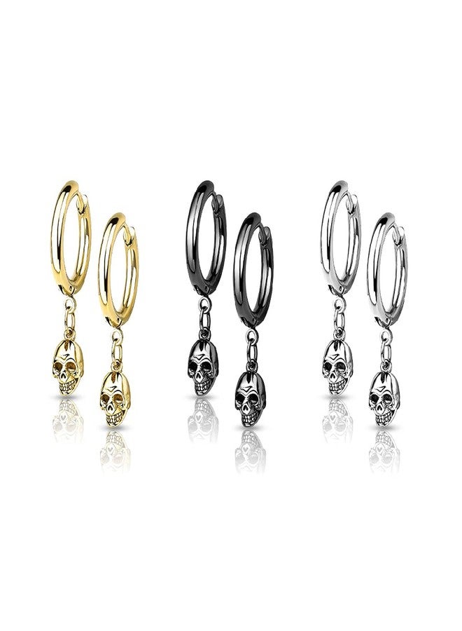 Pierced Owl 20GA Skeleton Skull Dangle 316L Surgical Stainless Steel Hoop Earrings, Sold as a Pair (Black) - Image 3
