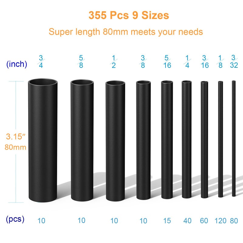 Twippo Heat Shrink Tubing Kit 355pcs - 3:1 Dual Wall Adhesive Lined - Electrical Waterproof Industrial Heat-Shrink Tubing Terminals- Marine Grade Wire Connector Shrink Wrap Tube - 3.15" Length - Black - Image 2