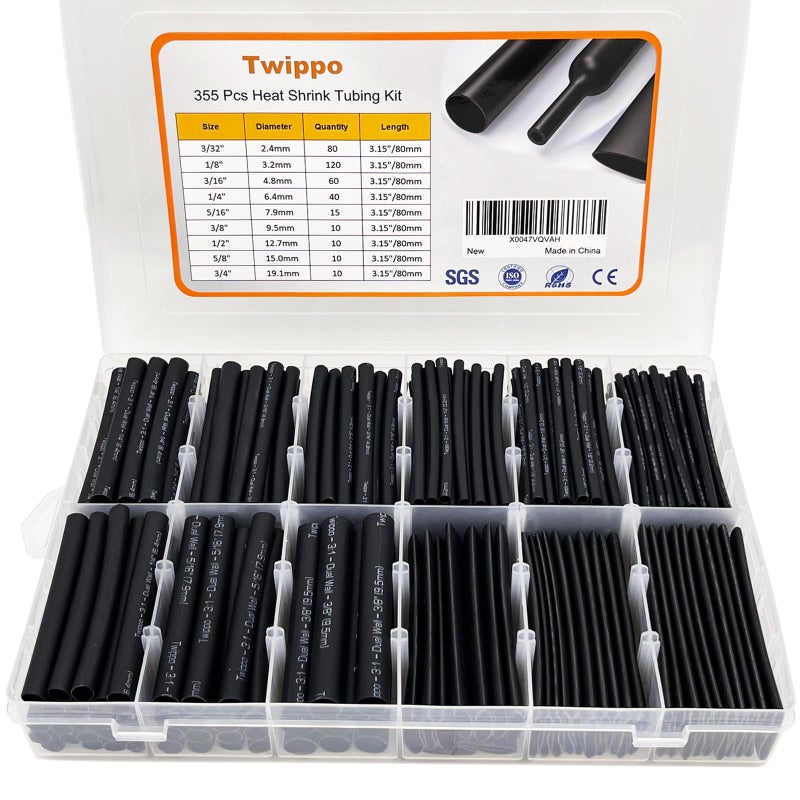 Twippo Heat Shrink Tubing Kit 355pcs - 3:1 Dual Wall Adhesive Lined - Electrical Waterproof Industrial Heat-Shrink Tubing Terminals- Marine Grade Wire Connector Shrink Wrap Tube - 3.15" Length - Black - Image 1