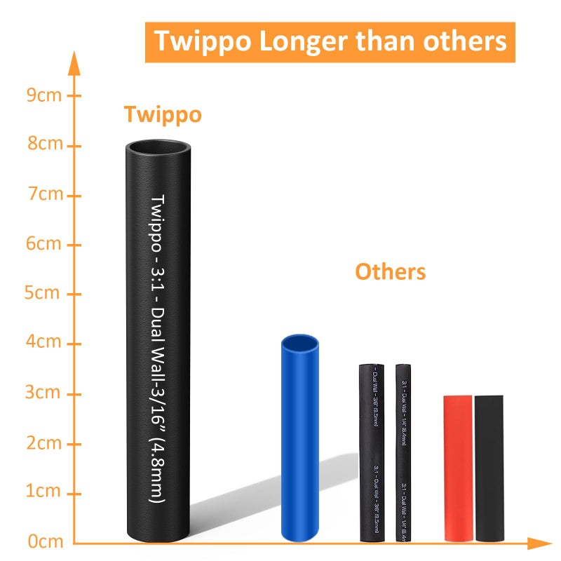 Twippo Heat Shrink Tubing Kit 355pcs - 3:1 Dual Wall Adhesive Lined - Electrical Waterproof Industrial Heat-Shrink Tubing Terminals- Marine Grade Wire Connector Shrink Wrap Tube - 3.15" Length - Black - Image 5