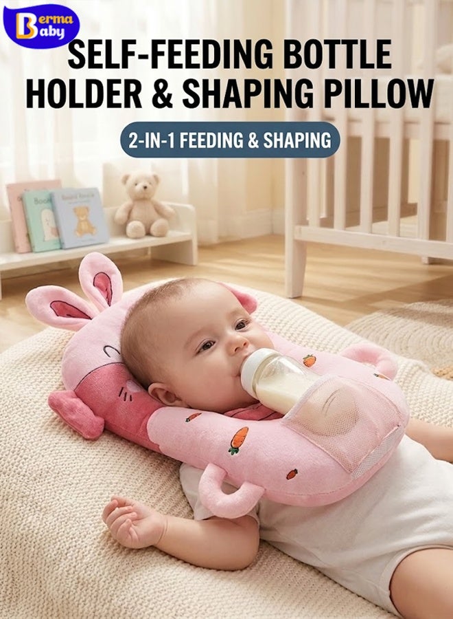 Berma Baby Breastfeeding Pillow & Bottle Holder for Newborns - 4-in-1 Portable Nursing Support Pillow, Anti-Vomiting Incline with Detachable Baby Nursing Pad - Newborn Support Pillow for Boys and Girls (Pink Rabbit) - Image 1