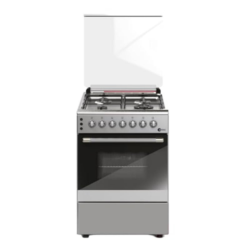 Free Standing Gas Oven for kitchen use, stainless steel, silver, 4 burners with mechanical timer and rotisserie - Image 1