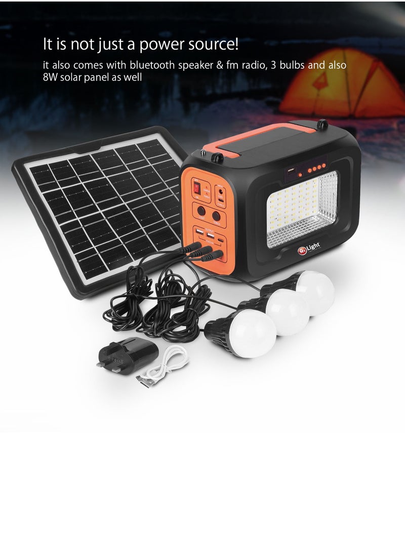 Mr. Light - Portable Power Station 3 Flashlight Modes 56PCS And 4PCS LED With Bluetooth Speaker And FM Radio With 8W Solar Panel And 3 LED Bulbs - Image 1