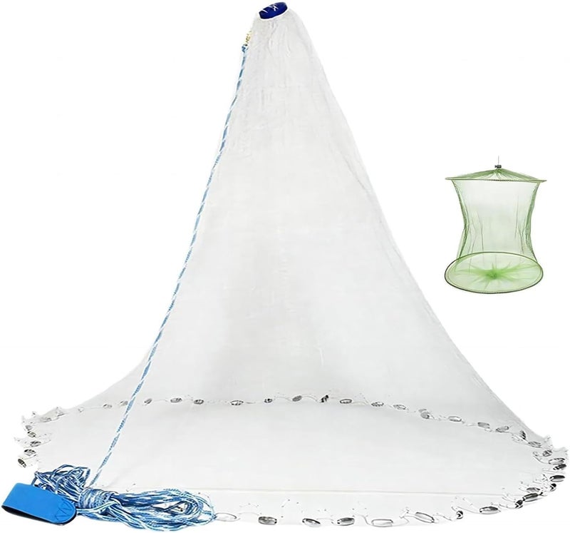 Yeahmart American Saltwater Fishing Cast Net for Bait Trap Fish 3ft/4ft/5ft/6ft/7ft/8ft/9ft/10ft Radius Casting Nets with Heavy Duty Real Zinc Sinker Weights, 3/8inch Mesh Size - Image 1