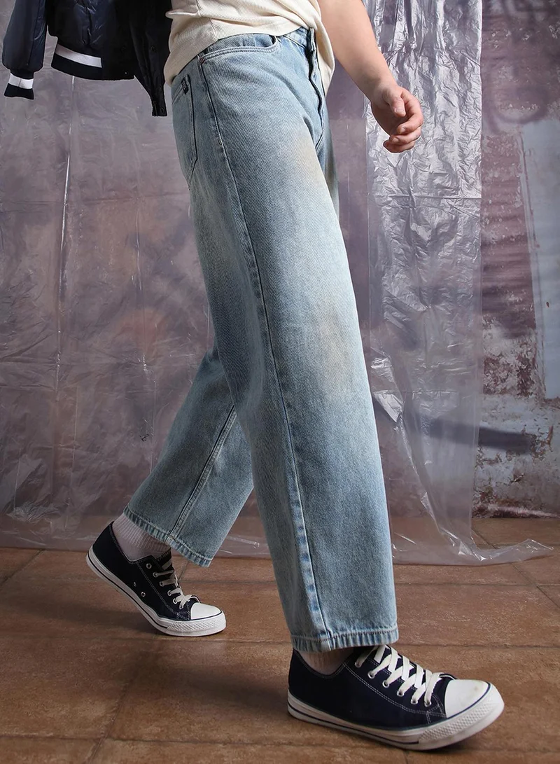 Hubberholme Men'S Indigo 100% Cotton Washed Regular Length Baggy Jeans
