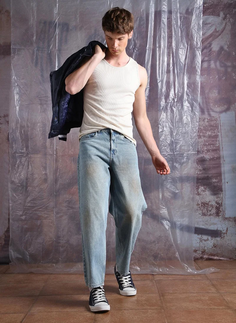 Hubberholme Men'S Indigo 100% Cotton Washed Regular Length Baggy Jeans