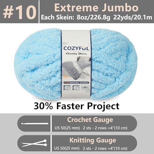 Cozyful Chunky Yarn for Hand Knitting - #10 Chunky Chenille Yarn, Jumbo Big Thick Chunky Yarns for Crocheting, Super Bulky Chunky Knit Blanket Yarns, 8 Skein (22 yds 8 oz Each Skein), Sky Blue - Image 2