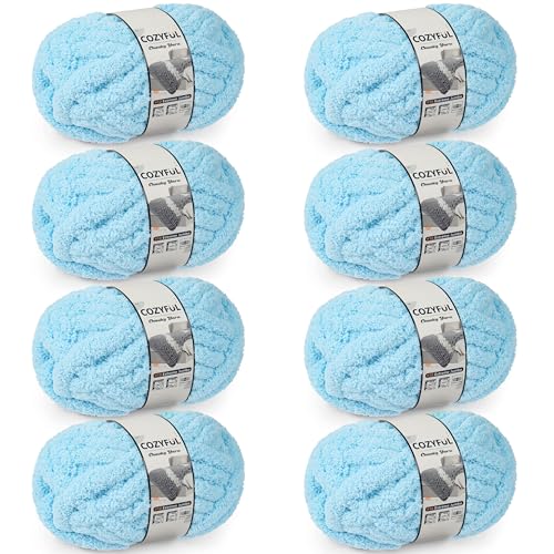 Cozyful Chunky Yarn for Hand Knitting - #10 Chunky Chenille Yarn, Jumbo Big Thick Chunky Yarns for Crocheting, Super Bulky Chunky Knit Blanket Yarns, 8 Skein (22 yds 8 oz Each Skein), Sky Blue - Image 1
