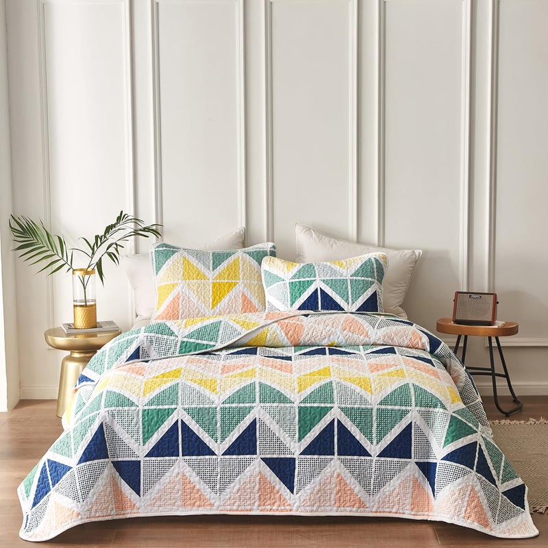 Uozzi Bedding Quilt Set for Summer 3 Piece Reversible Colorful Quilt Set Queen Size with Navy Green Orange Yellow Cubes Microfiber Lightweight Cool Breathable Bedding Coverlet Set Bedspread for St. Patrick's Day - Image 2