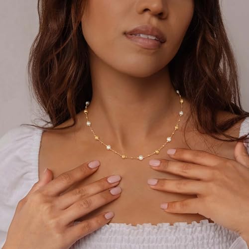 VACRONA Pearl Choker Necklace for Women 14K Gold Plated Small Beads Link Dainty White Pearls Station Chain Choker Gold Summer Jewelry for Women Trendy - Image 3
