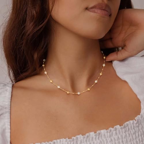 VACRONA Pearl Choker Necklace for Women 14K Gold Plated Small Beads Link Dainty White Pearls Station Chain Choker Gold Summer Jewelry for Women Trendy - Image 2
