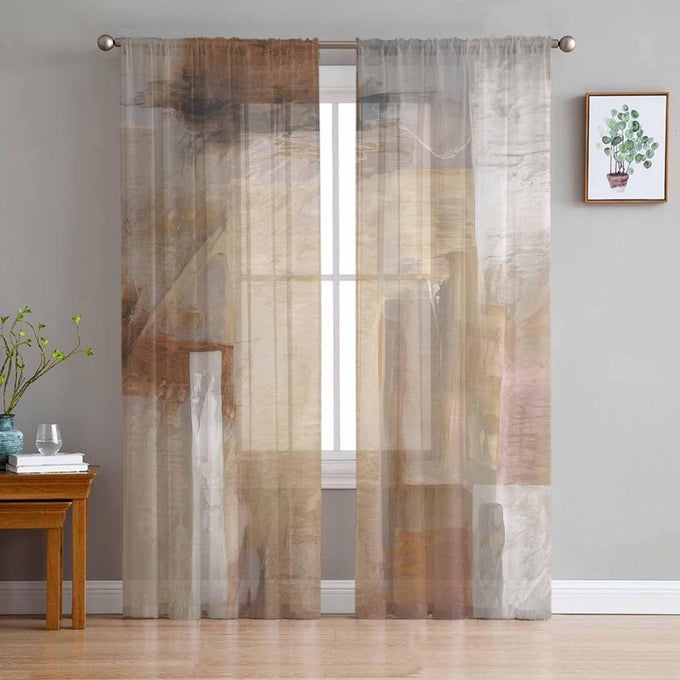 OIL MODERN PAINTINGS ABSTRACT SHEER CURTAINS 72 INCH LENGTH 2 PANELS SET GEOMETRIC ARTWORK GREY AND BROWN SEMI TRANSPARENT VOILE ROD POCKET CURTAINS FOR LIVING DINING ROOM BEDROOM DRAPES