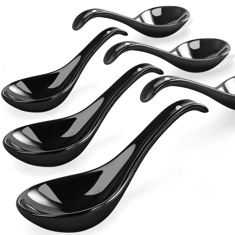 Wareland Black Ceramic Soup Spoons Set 675 inch Deep Oval Hook Design Dishwasher Safe  Perfect for Ramen Pho Noodles Stews Wonton Dumpling Miso