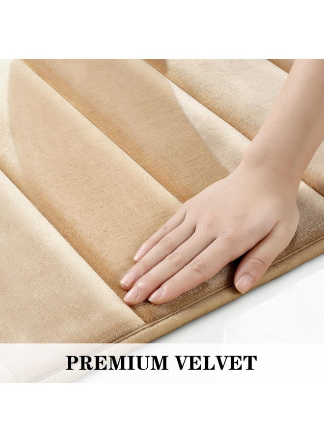 3 Pieces Beige Coral Velvet Bathroom Rug Set, Non Slip Quick Water Absorbing Soft Fluffy Bath Mats, Washable Floor Mats for Shower Toilet Sink - Image 5