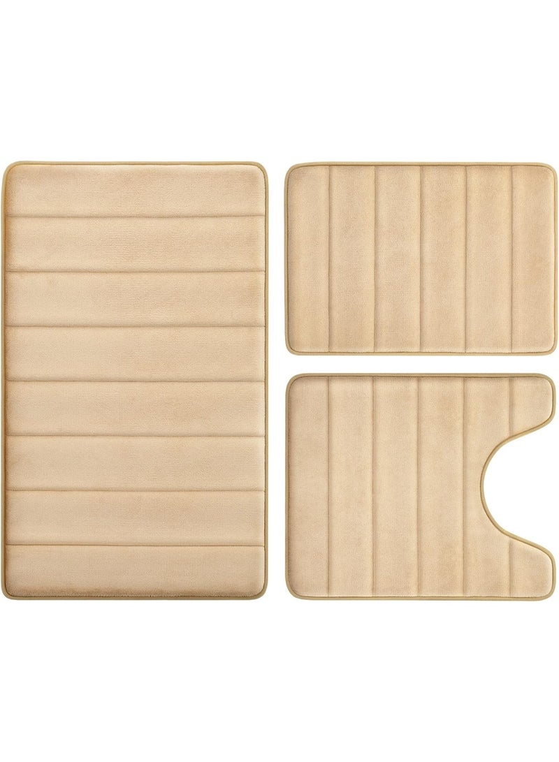 3 Pieces Beige Coral Velvet Bathroom Rug Set, Non Slip Quick Water Absorbing Soft Fluffy Bath Mats, Washable Floor Mats for Shower Toilet Sink - Image 2