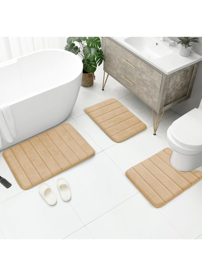3 Pieces Beige Coral Velvet Bathroom Rug Set, Non Slip Quick Water Absorbing Soft Fluffy Bath Mats, Washable Floor Mats for Shower Toilet Sink - Image 1