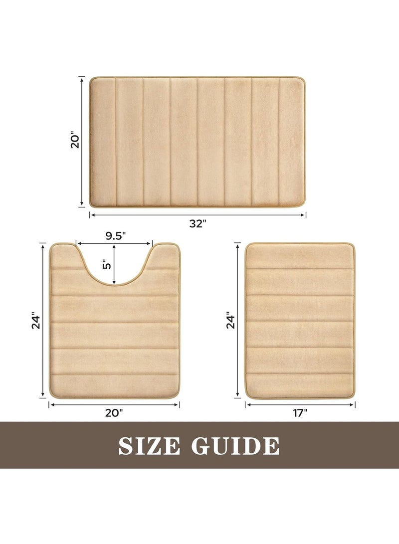 3 Pieces Beige Coral Velvet Bathroom Rug Set, Non Slip Quick Water Absorbing Soft Fluffy Bath Mats, Washable Floor Mats for Shower Toilet Sink - Image 3