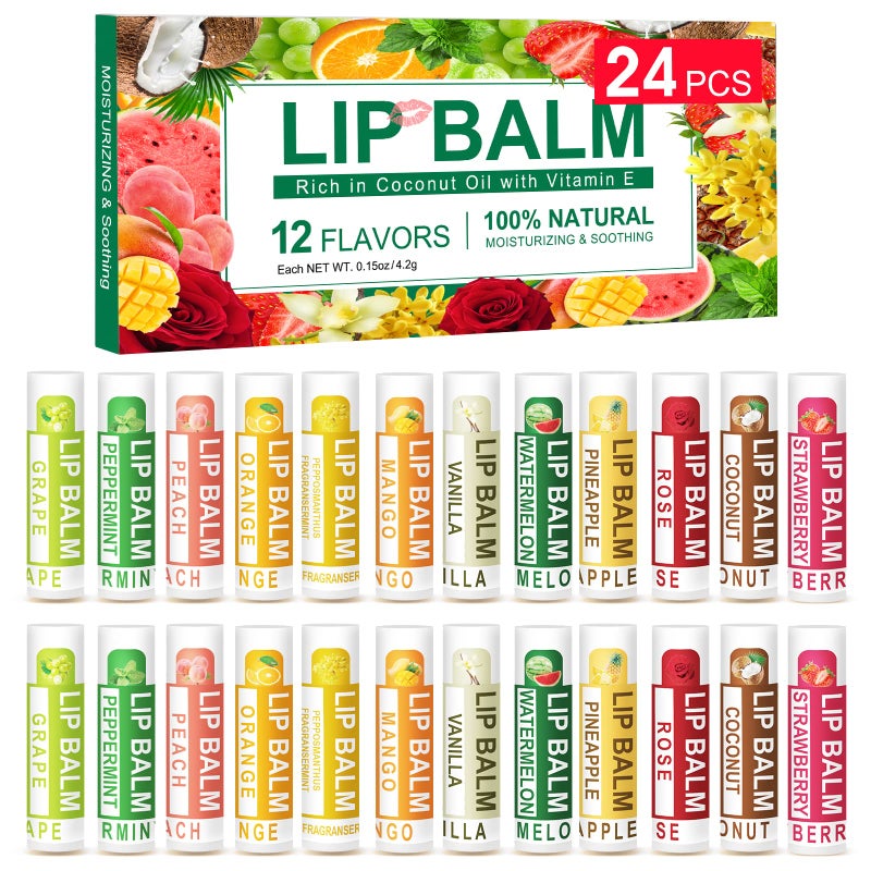 DMSKY Natural Lip Balm Bulk 24 Pack Moisturizing Lip Balm with Vitamin E and Coconut Oil Lip Care Product for Chapped Lips12 Flavors