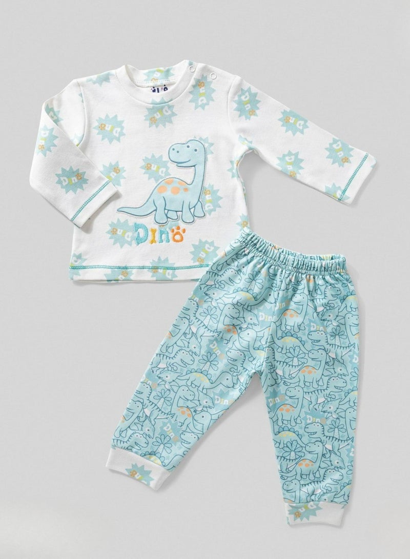 full moon 1 2-Piece Baby Dinosaur Pyjama Set, White Long Sleeve Top with Blue Trousers, Cotton Sleepwear