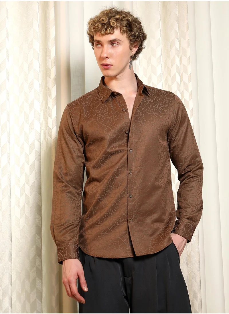 Campus Sutra Men's Brown Jacquard Full Sleeve Tailored Fit Shirt