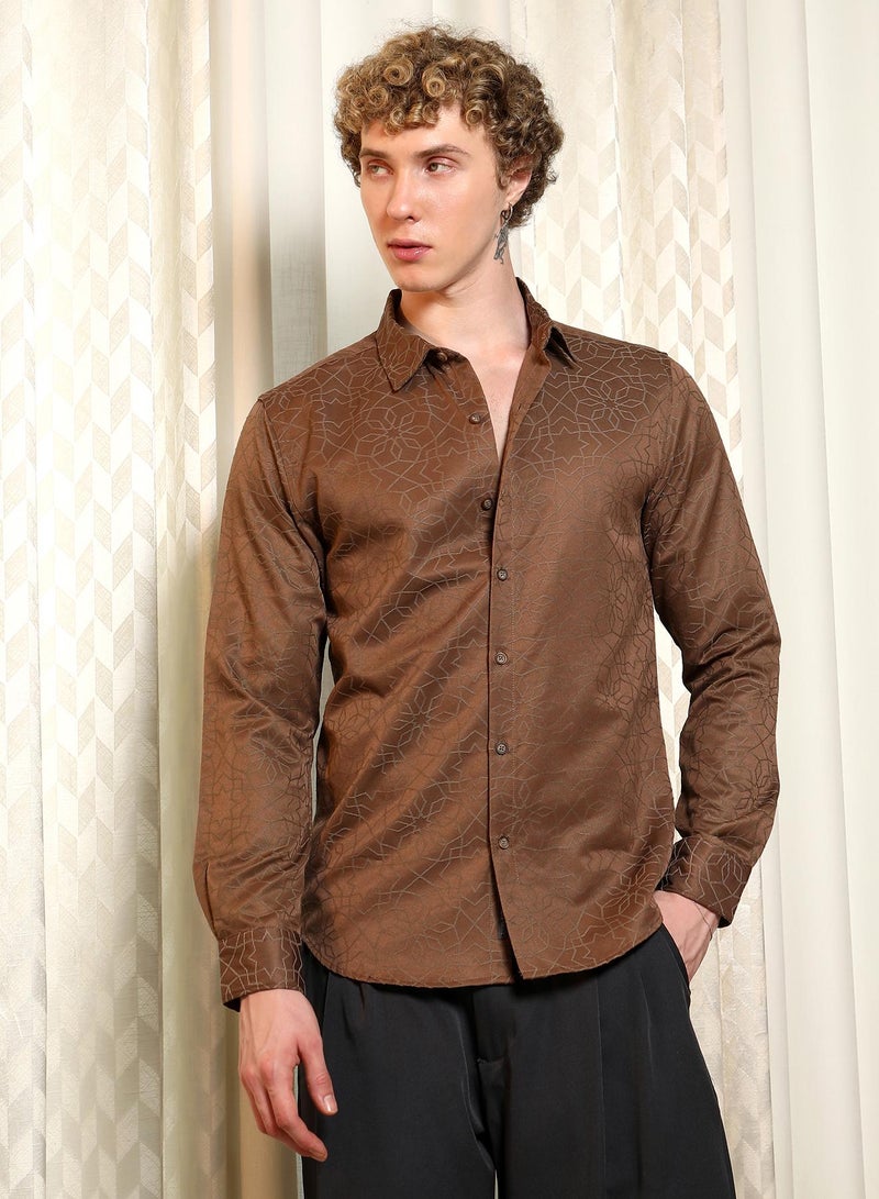 Campus Sutra Men's Brown Jacquard Full Sleeve Tailored Fit Shirt  - Image 2