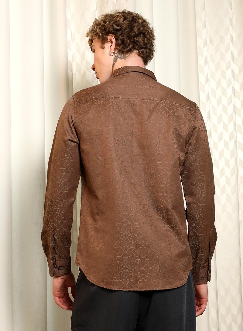 Campus Sutra Men's Brown Jacquard Full Sleeve Tailored Fit Shirt  - Image 5