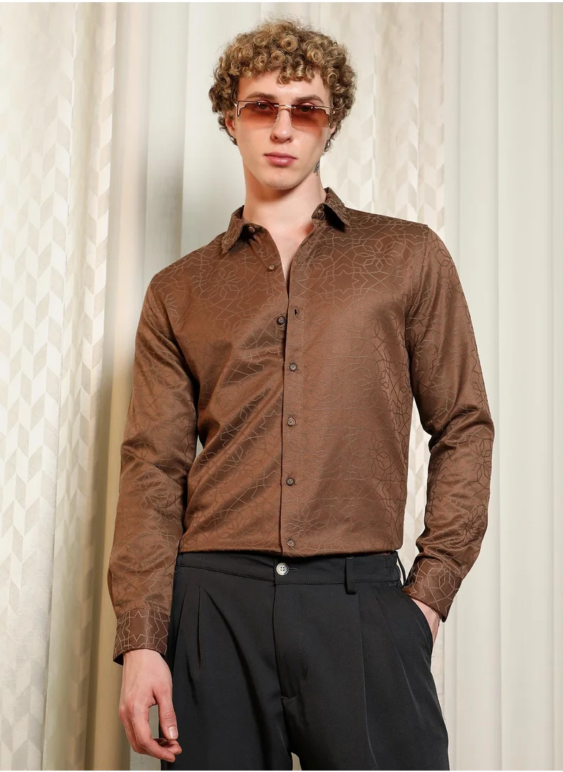 Campus Sutra Men's Brown Jacquard Full Sleeve Tailored Fit Shirt