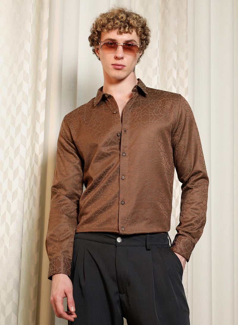 Campus Sutra Men's Brown Jacquard Full Sleeve Tailored Fit Shirt  - Image 1
