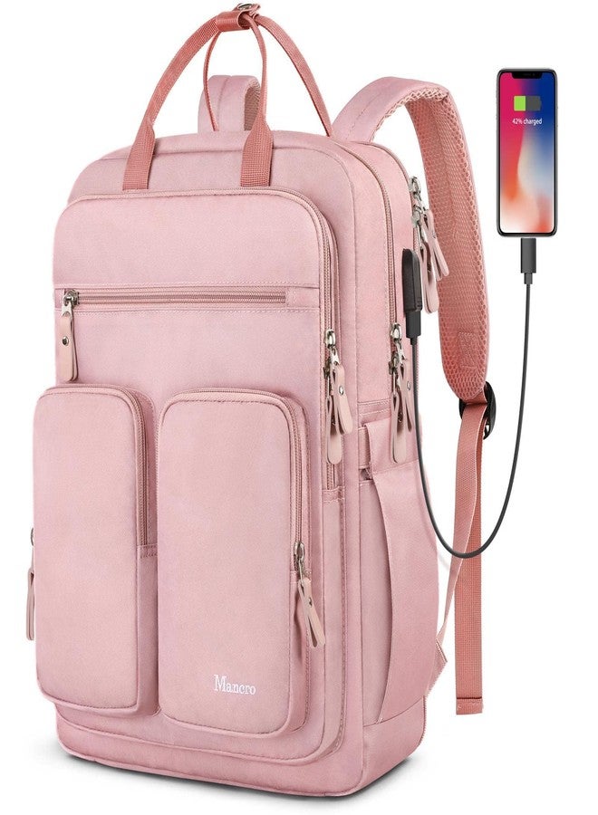 Mancro College Backpack for Women, 15.6 Inch TSA Laptop Bookbag with USB Charging Port and Wet Pocket, Large Capacity Travel Backpacks Casual Daypack, Pink - Image 1